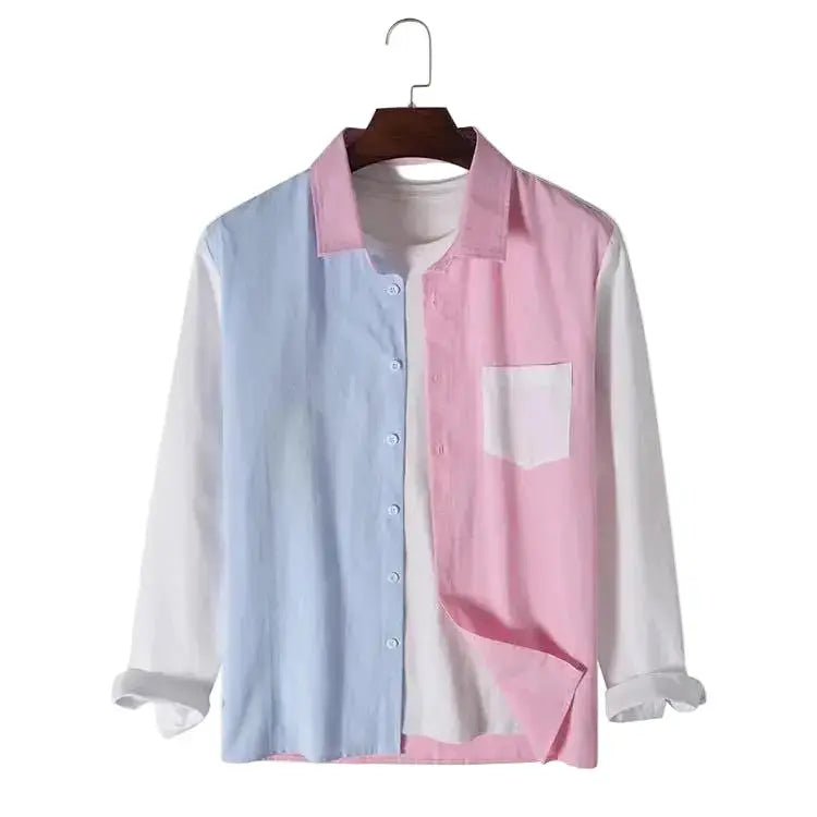 Long Sleeve Patch Men's Shirt - 0 - Dan Flashes - Pink - Fashion Lapel Long Sleeve Colorblock Men's Shirt Dan Flashes